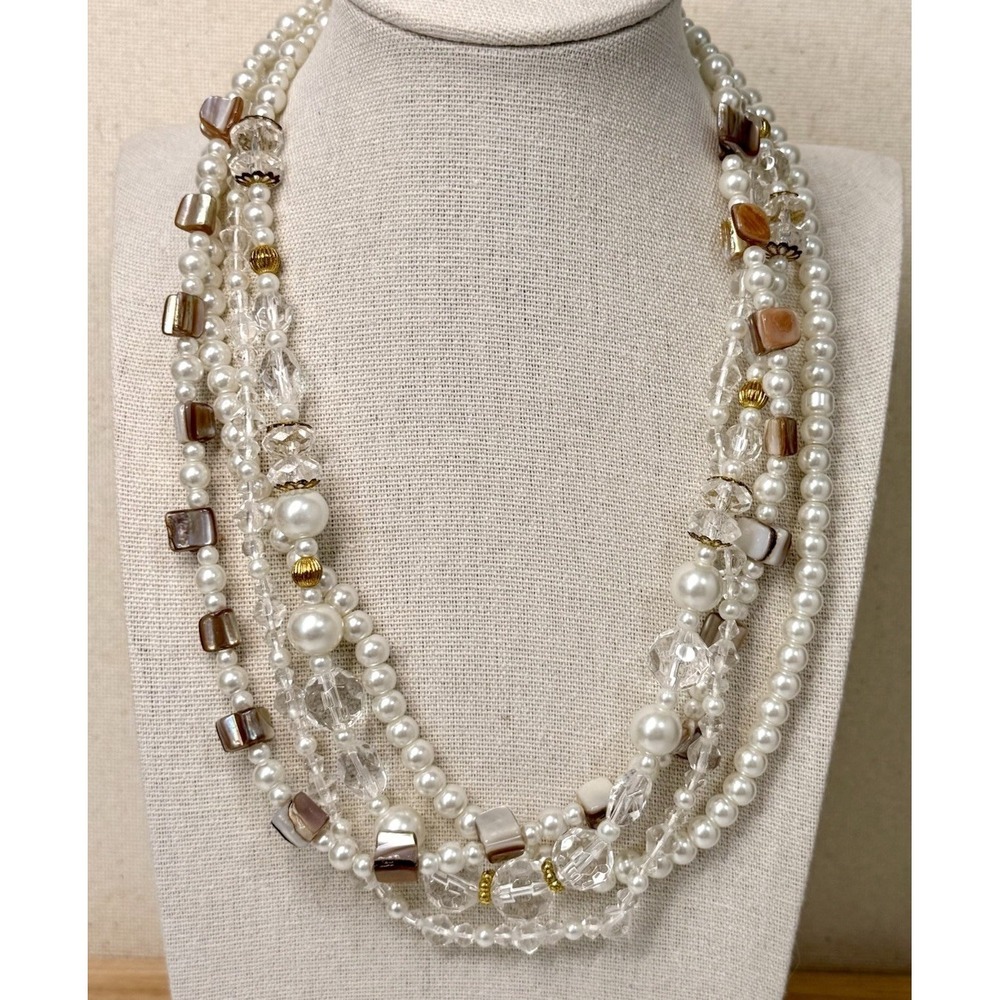 Vtg Premier Designs Multi Strand Faux Pearl Crystal Shell Bead Fashion Necklace